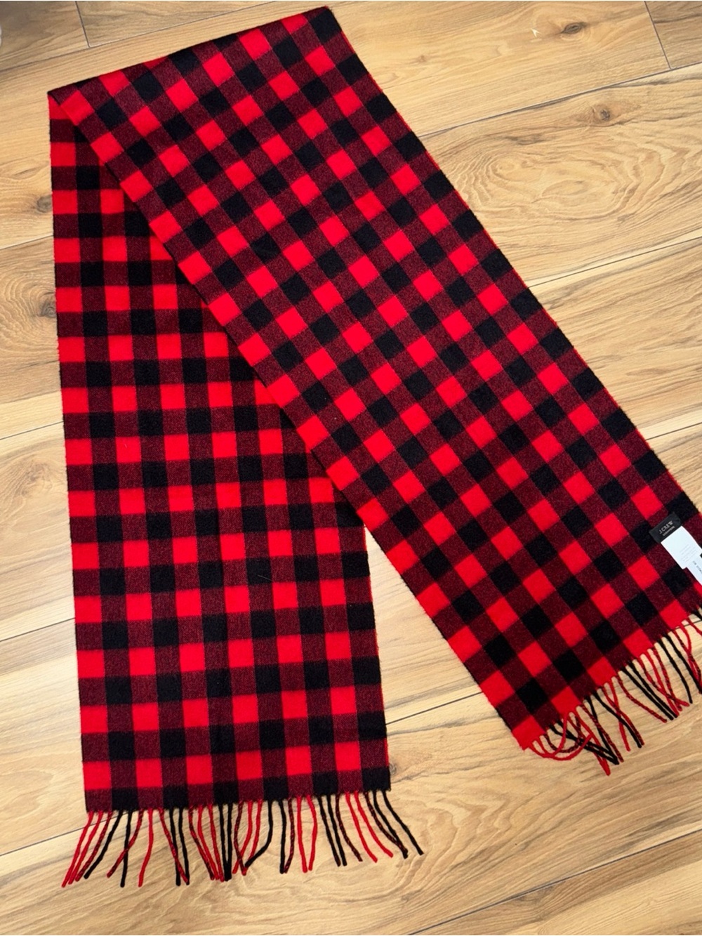 J.CREW 100% Cashmere Tartan Scarf RED & Black S, Fringe, 31cm x 72" y2k 00s